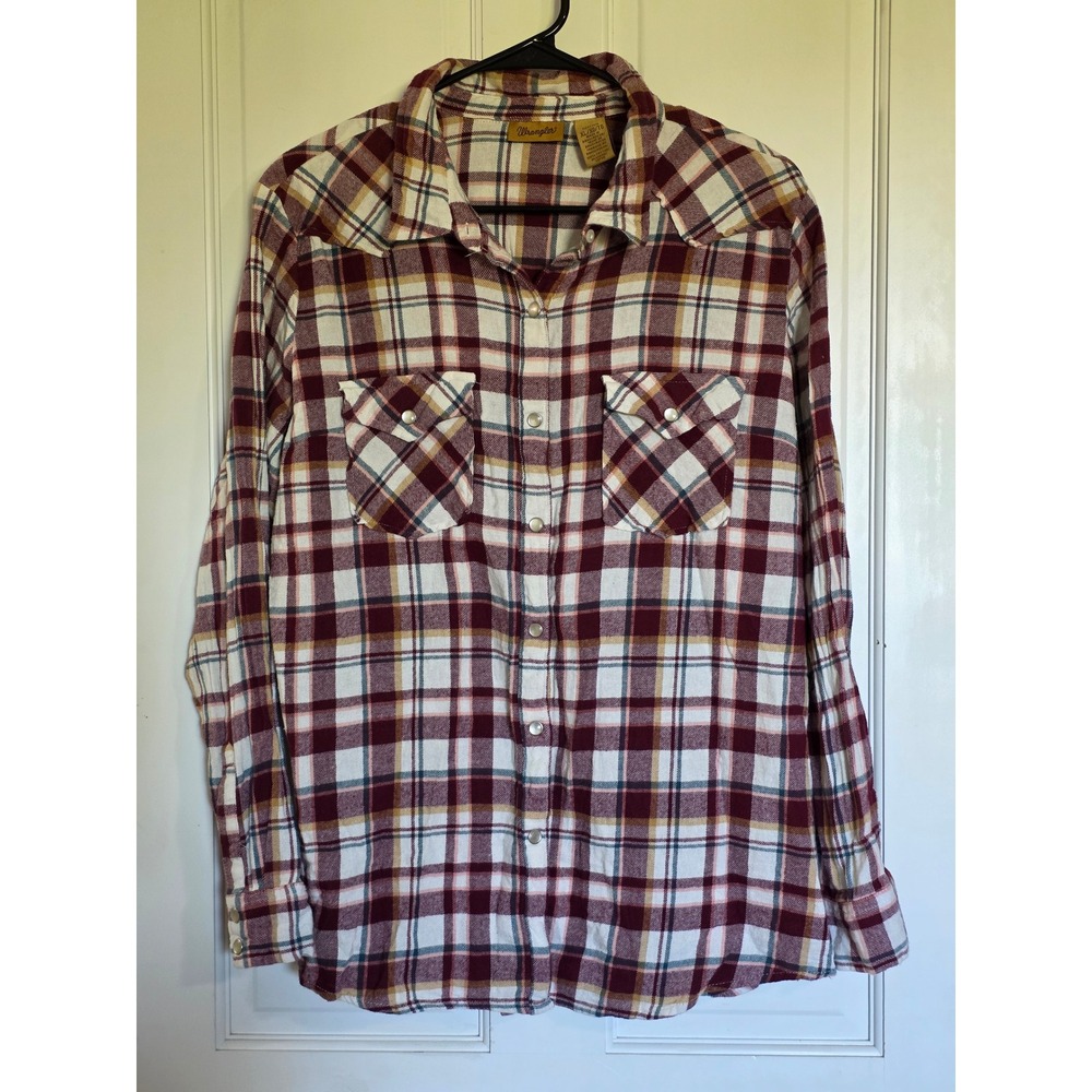 Wrangler Womens XL Plaid Western Snap Front Shirt Burgundy Tan Cotton 112321398